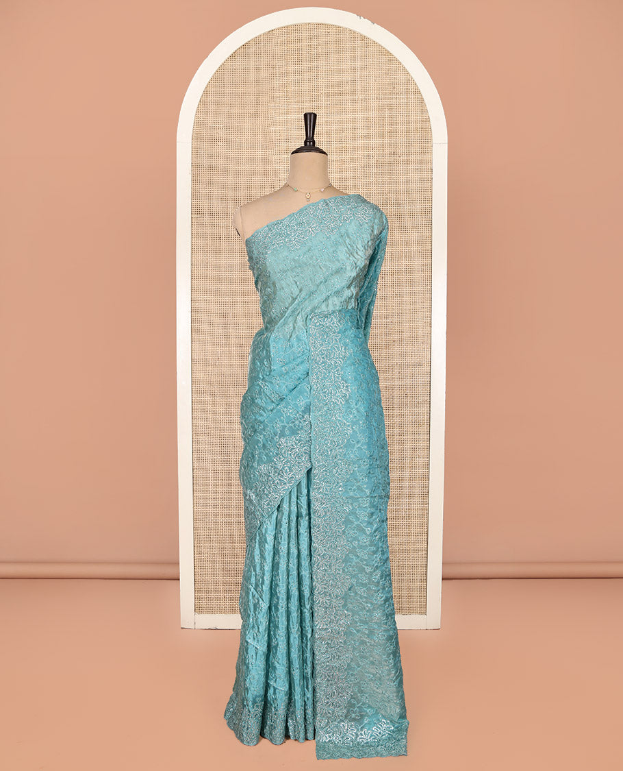 Blue Designer Saree, Mesmerized with Floral Vine Stone Work, Scallop Stone Work Border, a Self-Pallu, and a Matching Blouse