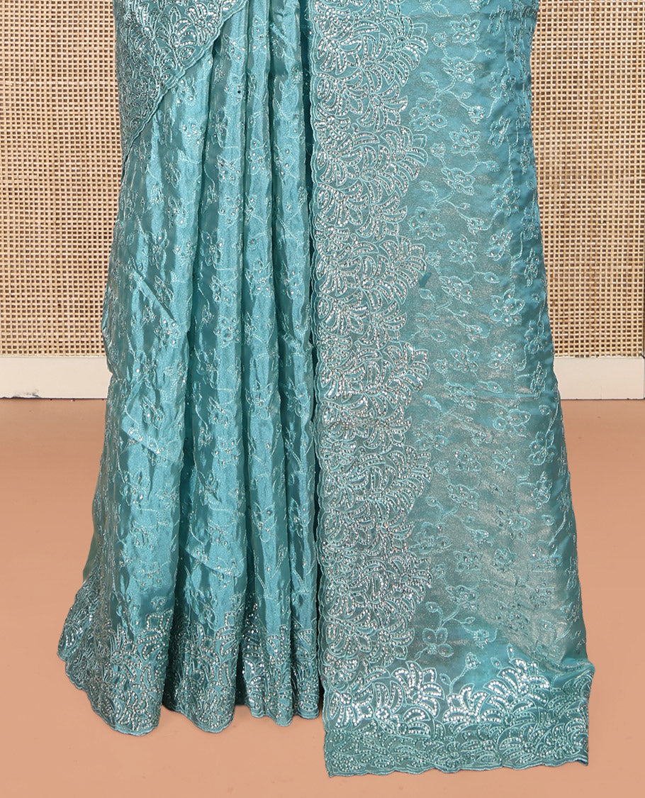Blue Designer Saree, Mesmerized with Floral Vine Stone Work, Scallop Stone Work Border, a Self-Pallu, and a Matching Blouse