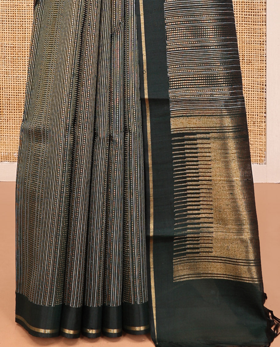 Green Dupion Silk Saree, Embellished with Dotted Stripes, a Zari Border, Gleaming Striped Pallu, and a Matching Blouse
