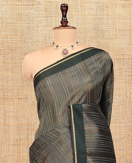 Green Dupion Silk Saree, Embellished with Dotted Stripes, a Zari Border, Gleaming Striped Pallu, and a Matching Blouse
