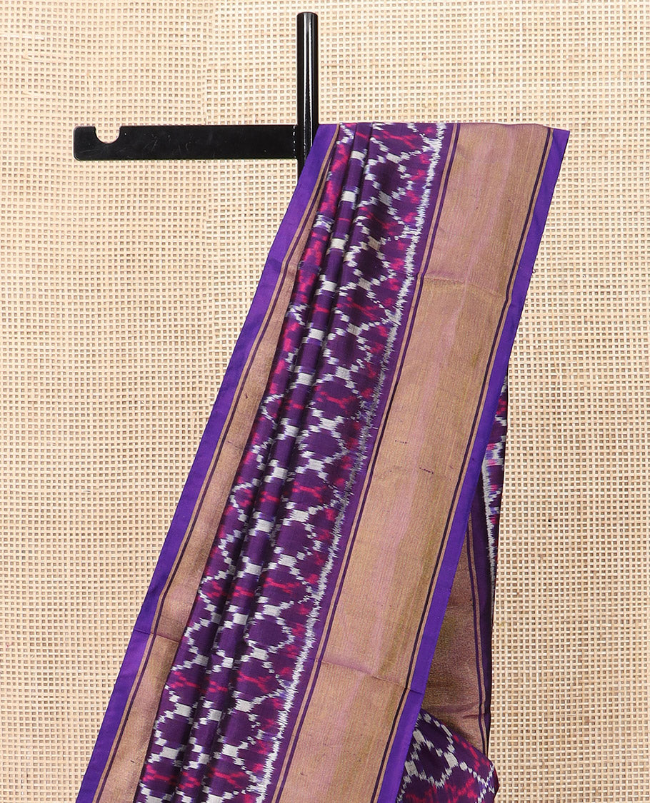 Violet Ikkat Silk Saree Elevated with Ikkat Geometric Designs, Subtly Designed Plain Zari Border, Ikkat Jaal-Patterned Pallu, and a Matching Blouse