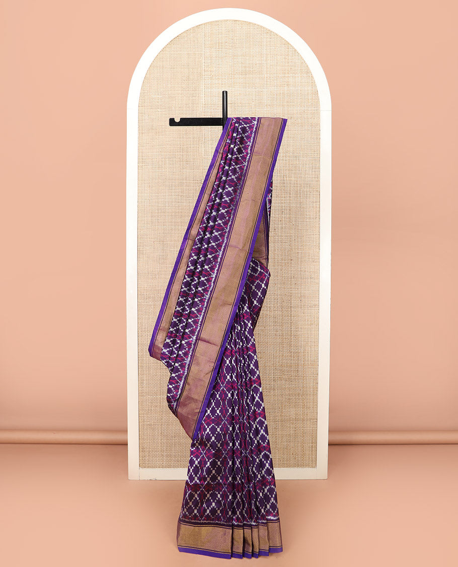 Violet Ikkat Silk Saree Elevated with Ikkat Geometric Designs, Subtly Designed Plain Zari Border, Ikkat Jaal-Patterned Pallu, and a Matching Blouse