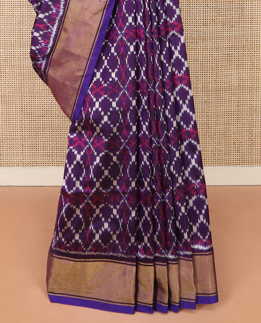 Violet Ikkat Silk Saree Elevated with Ikkat Geometric Designs, Subtly Designed Plain Zari Border, Ikkat Jaal-Patterned Pallu, and a Matching Blouse