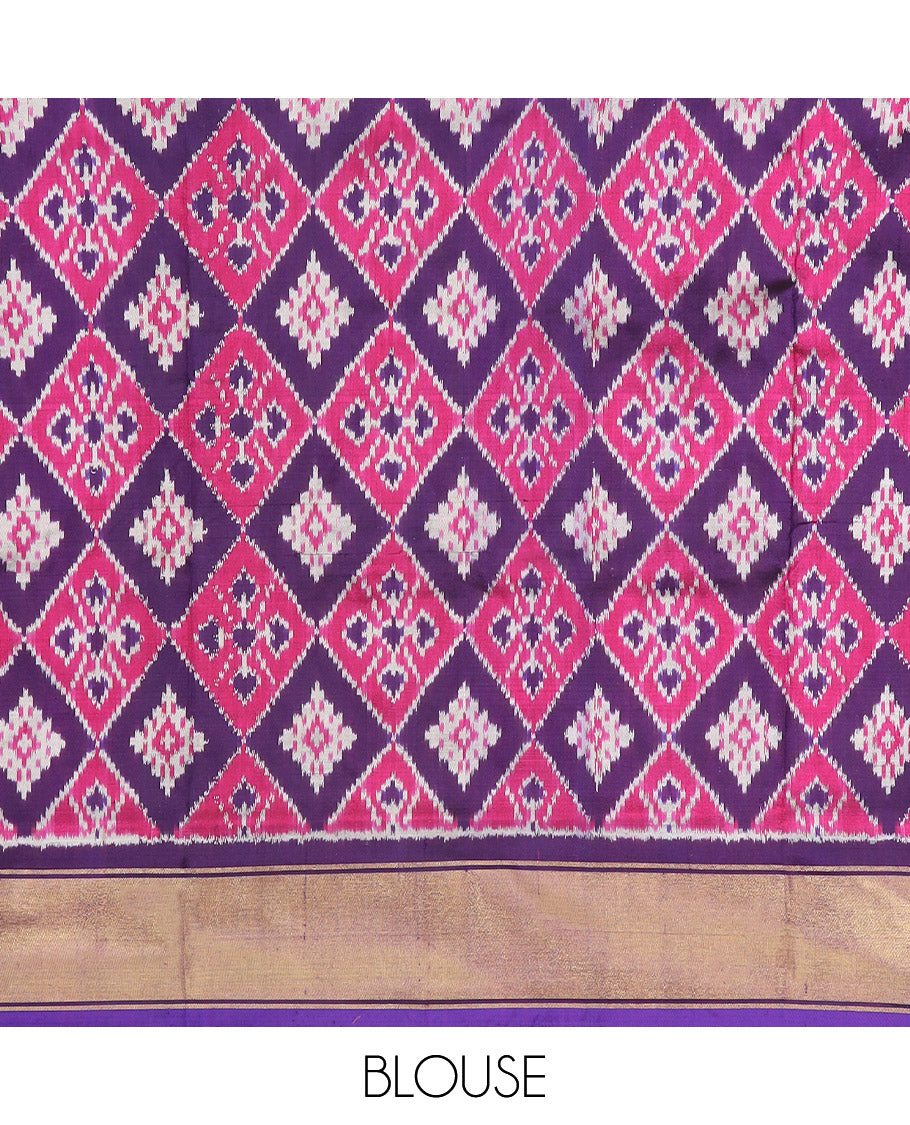 Violet Ikkat Silk Saree Elevated with Ikkat Geometric Designs, Subtly Designed Plain Zari Border, Ikkat Jaal-Patterned Pallu, and a Matching Blouse