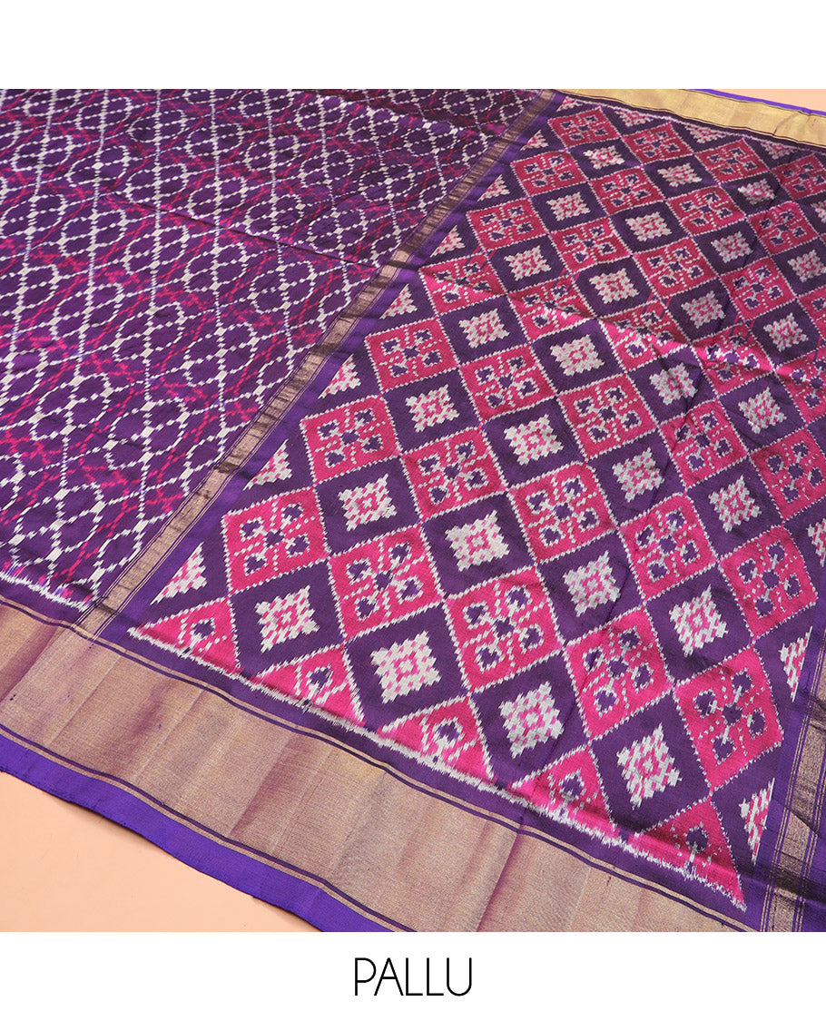 Violet Ikkat Silk Saree Elevated with Ikkat Geometric Designs, Subtly Designed Plain Zari Border, Ikkat Jaal-Patterned Pallu, and a Matching Blouse