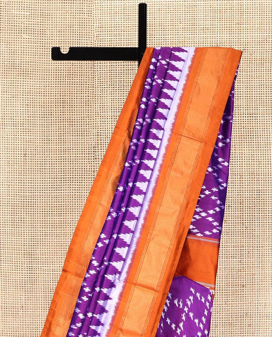 Purple Pochampally Ikat Silk Saree, Elevated with Ikat Jaal Designs on Its Body, Complemented by a Contrast Temple Border, Pallu of Ogee Pattern in Ikkat Weave, and Paired with a Contrast Blouse