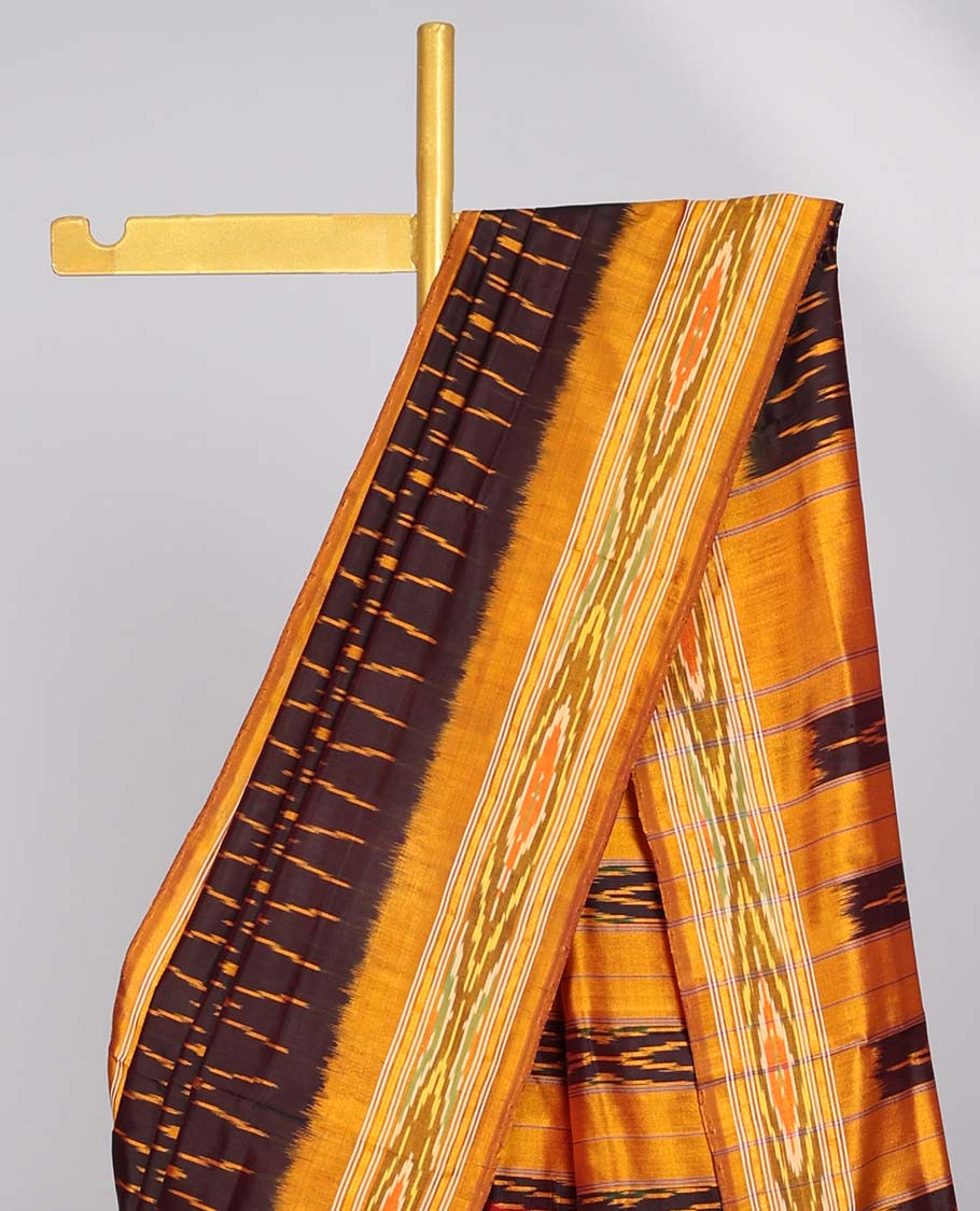Brown arygle design ikkat silk saree with contrast border & striped design pallu