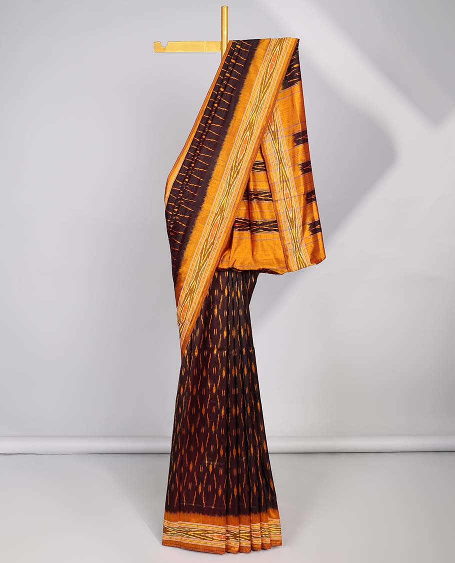 Brown arygle design ikkat silk saree with contrast border & striped design pallu