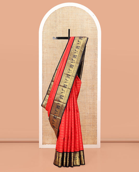 Orange Neli Striped Kanchipuram Silk Saree, Complemented by a Contrast Border of Rekku, Banaras, Muthu, Neli, Mayil, Kann, Kamalam, and Ram Seetha Designs, Grand Pallu, and Contrast Blouse