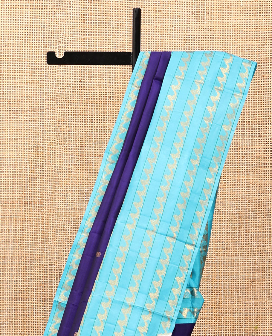 Blue Kanchipuram Designer Silk Saree, Opulently Embellished with Zari Buttas, a Contrast Border Steeped with Kili Designs, Zari-Woven Pallu, and a Contrast Blouse