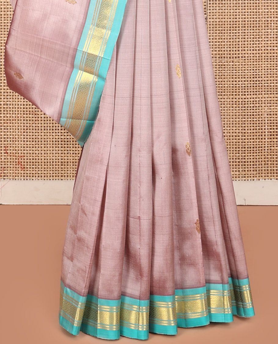 Pink Kanchipuram Silk Saree, Finely Crafted with Zari Buttas, a Contrast One-Sided Border of Jaal Design, Zari Design Pallu, and No Blouse