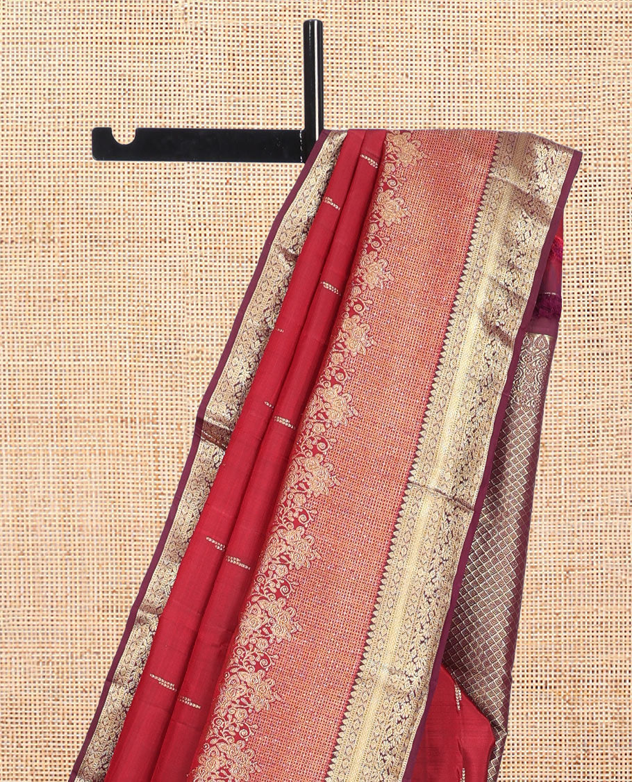 Red Kanchipuram Silk Saree, Graced with Zari Buttas, Complemented by Contrast Traditional Zari Border, Jaal Pallu, and Contrast Blouse