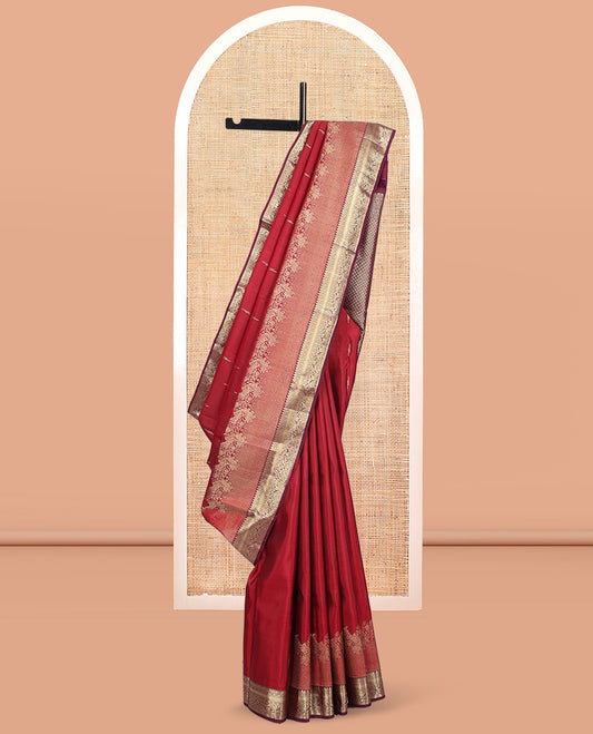 Red Kanchipuram Silk Saree, Graced with Zari Buttas, Complemented by Contrast Traditional Zari Border, Jaal Pallu, and Contrast Blouse