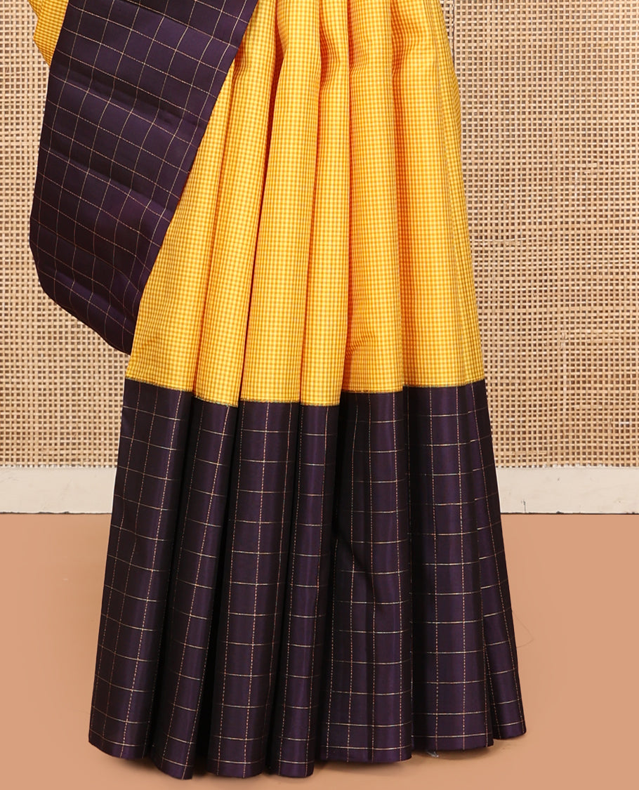 Yellow Kasa-Kasa Checked Kanchipuram Silk Saree, Complemented by a Contrast Ganga-Jamuna Border, Zari Striped Pallu, and a Contrast Blouse