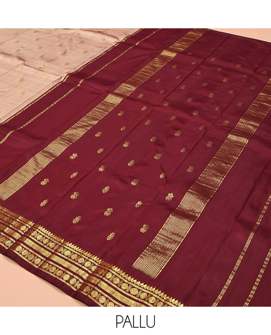 Pale Brown Kanchipuram Silk Saree Featuring Zari Buttas, Complemented by a Contrast One-Sided Temple Border of Thilakam Mokku, Banaras, Poun, and Vanki Designs, Zari Design Pallu, No Blouse