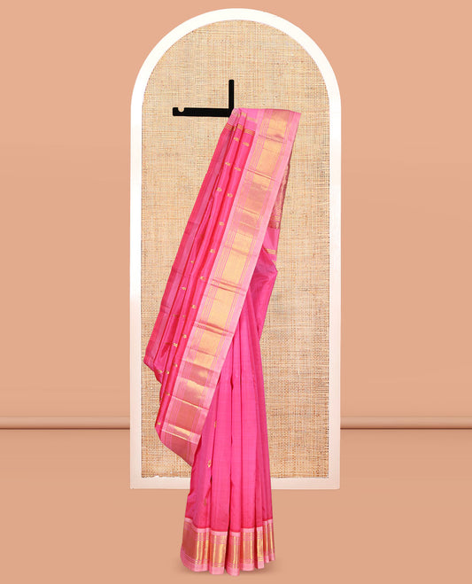 Pink Kanchipuram Silk Saree, Delicately Woven with Zari Buttas, Complemented by a Contrast One-Sided Border of Panner Sombu, Banaras, and Jaal Designs, Kodi Visiry Pallu, and a No Blouse