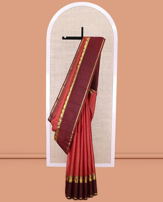 Rust Kanchipuram Silk Saree, Woven with Buttas, Complemented by a Contrast Rettai Pettu Border of Thazampoo Rekku and Arumbu Manga, Zari Design Pallu, and Contrast Blouse