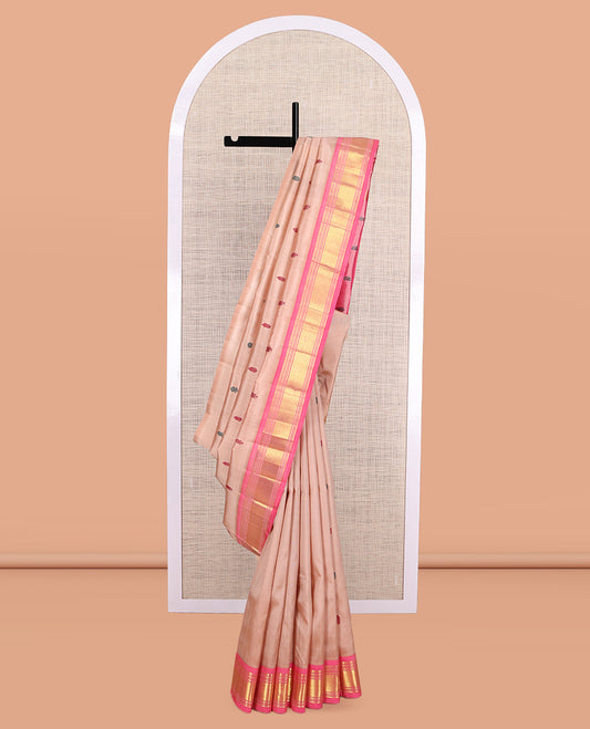 Pink Kanchipuram Silk Saree, Woven with Thread Buttas, a Contrast One-Sided Border of Panner Sombu, Banaras, Muthu, and Jaal Designs, Zari Design Pallu, and No Blouse