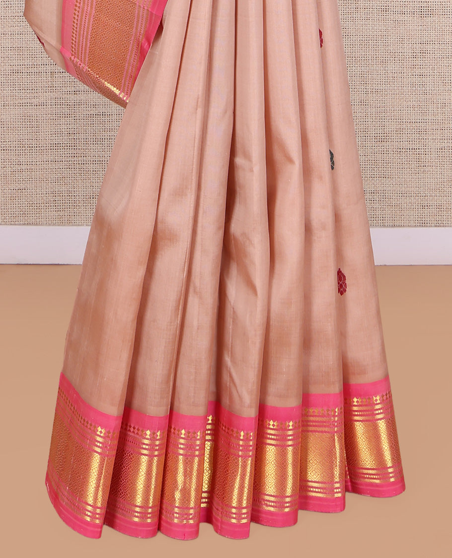 Pink Kanchipuram Silk Saree, Woven with Thread Buttas, a Contrast One-Sided Border of Panner Sombu, Banaras, Muthu, and Jaal Designs, Zari Design Pallu, and No Blouse