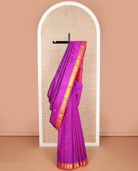 Purple floral buttas kancheepuram silk saree with contrast border of zari design border & floral design pallu