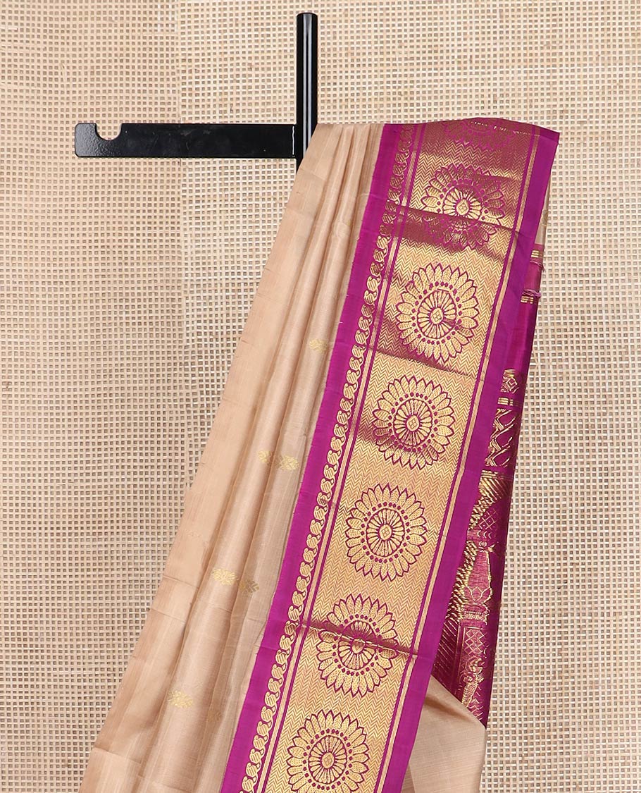 Sandal zari buttas kanchipuram silk saree, contrast one-sided korvai border of manga mokku, vanki & kamalam & ancient empire-style woven pallu