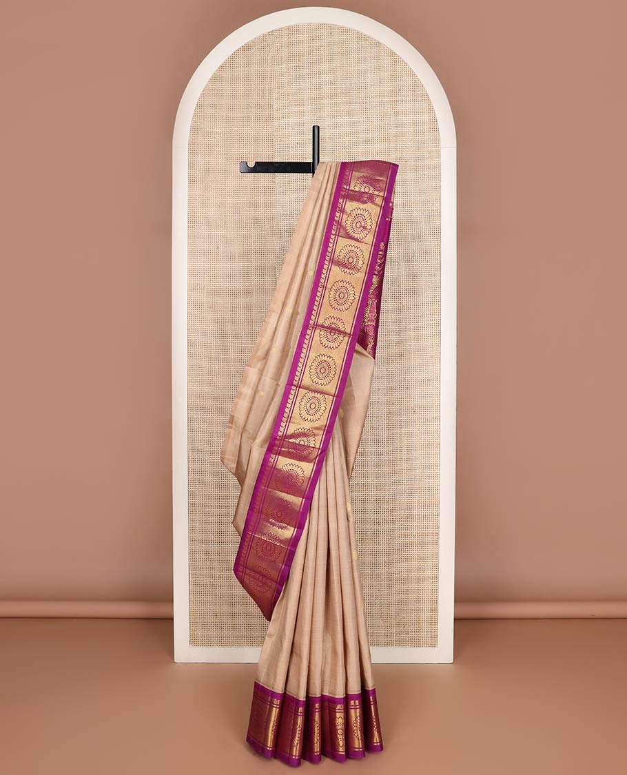Sandal zari buttas kanchipuram silk saree, contrast one-sided korvai border of manga mokku, vanki & kamalam & ancient empire-style woven pallu