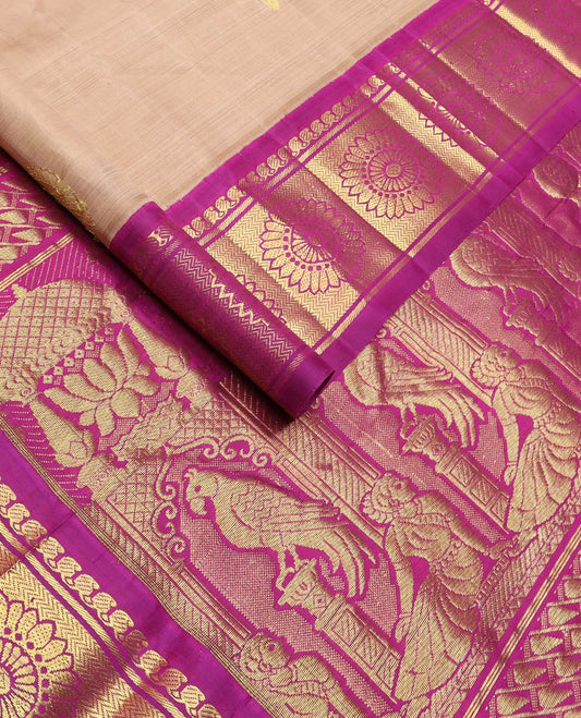 Sandal zari buttas kanchipuram silk saree, contrast one-sided korvai border of manga mokku, vanki & kamalam & ancient empire-style woven pallu