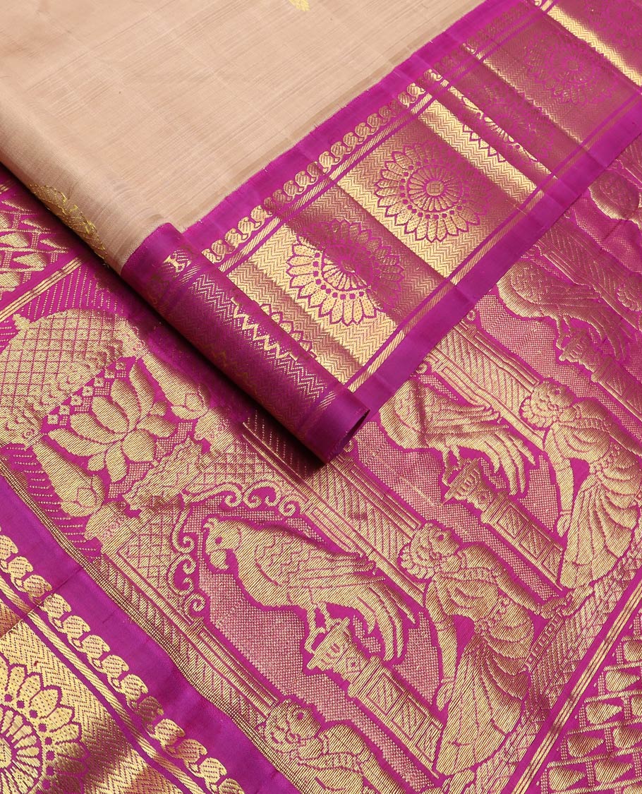 Sandal zari buttas kanchipuram silk saree, contrast one-sided korvai border of manga mokku, vanki & kamalam & ancient empire-style woven pallu