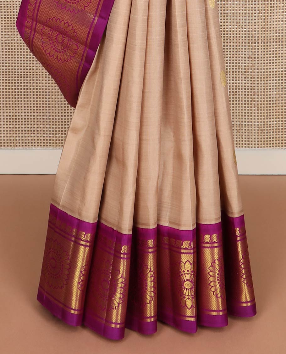 Sandal zari buttas kanchipuram silk saree, contrast one-sided korvai border of manga mokku, vanki & kamalam & ancient empire-style woven pallu