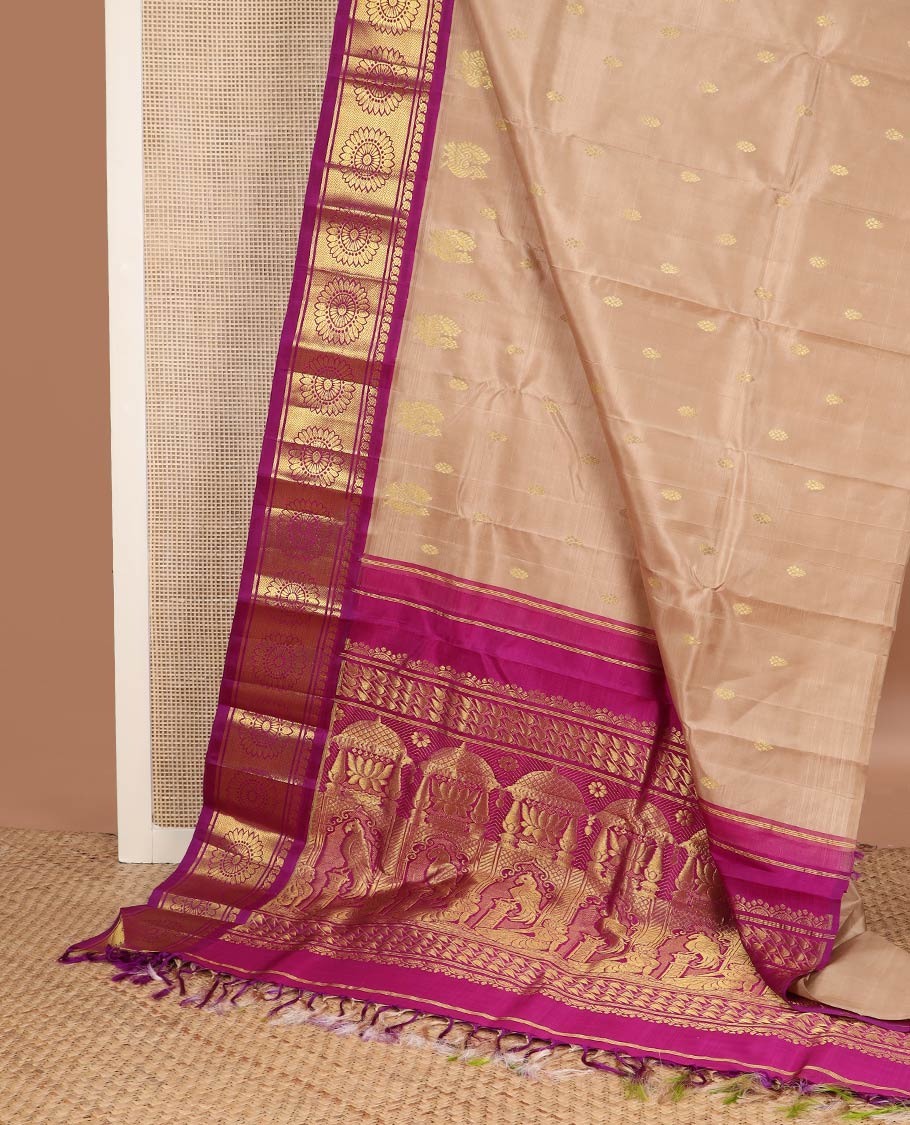 Sandal zari buttas kanchipuram silk saree, contrast one-sided korvai border of manga mokku, vanki & kamalam & ancient empire-style woven pallu