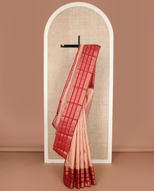 Peach plain Kanchipuram silk saree, contrast border of Muthu,banaras,kodi visiry & neli & geometric patterned pallu