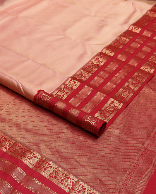 Peach plain Kanchipuram silk saree, contrast border of Muthu,banaras,kodi visiry & neli & geometric patterned pallu