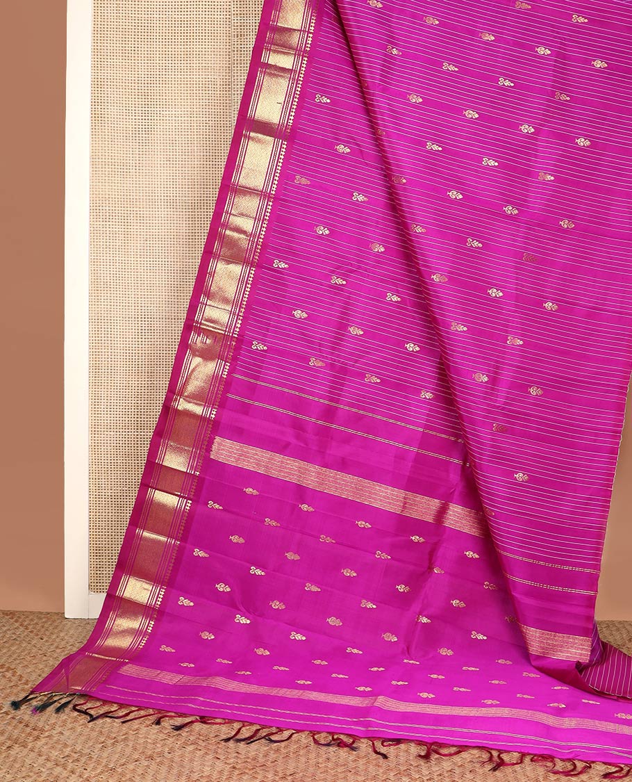 Rani pink stripes & buttas Kanchipuram silk saree, one-sided border of panner sombu,banaras & mayil kann & zari design pallu