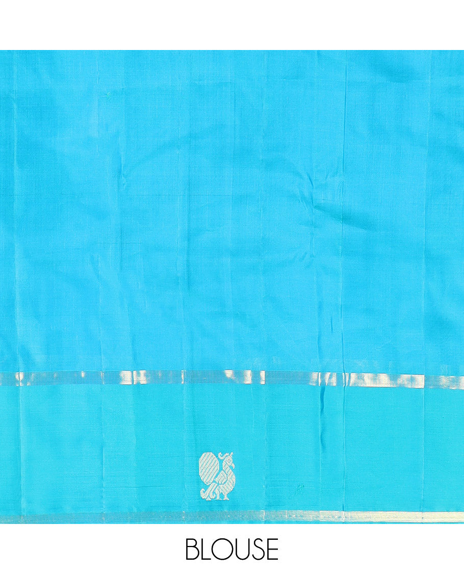 Blue zari buttas Kanchipuram silk saree, contrast mayil yaanai motifs woven border, and zari design pallu