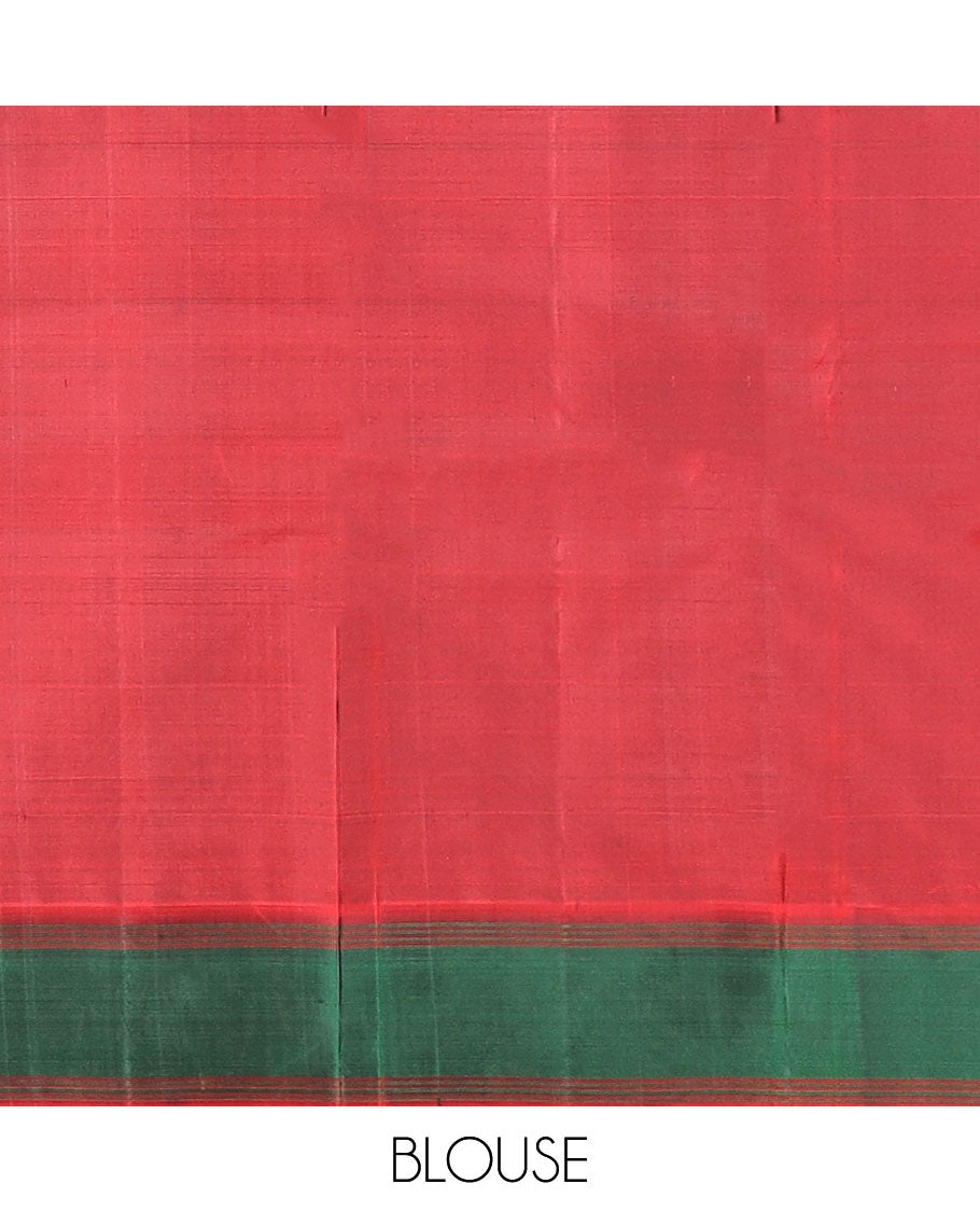 Royal blue buttas Kanchipuram silk saree, contrast border of malli mokku designs, and pallu of geometric designs