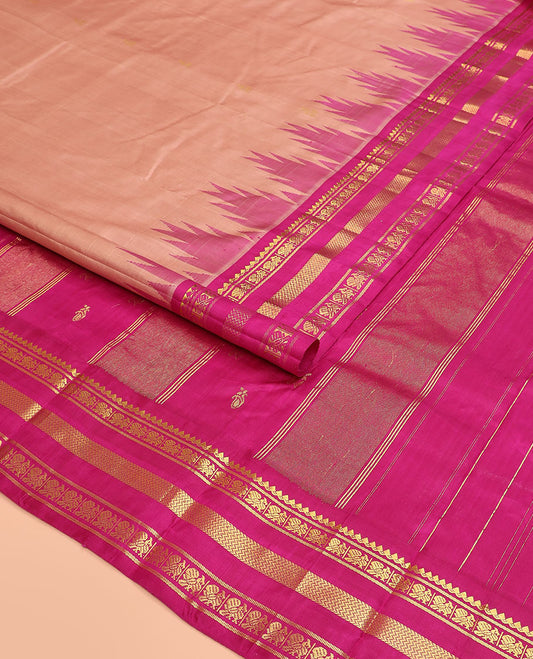 Sandal zari buttas Kanchipuram silk saree, contrast thazampoo rekku varisai pettu border of thilakam mokku, banaras, mayil, and vanki designs, and zari design pallu