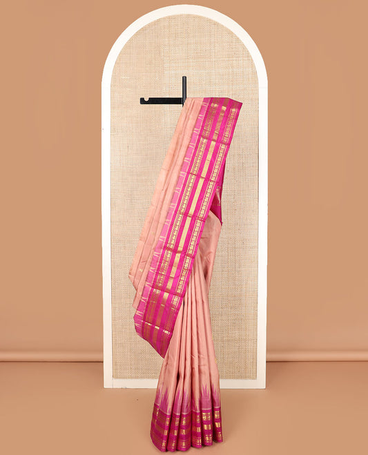 Sandal zari buttas Kanchipuram silk saree, contrast thazampoo rekku varisai pettu border of thilakam mokku, banaras, mayil, and vanki designs, and zari design pallu