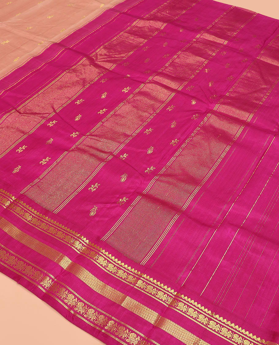Sandal zari buttas Kanchipuram silk saree, contrast thazampoo rekku varisai pettu border of thilakam mokku, banaras, mayil, and vanki designs, and zari design pallu