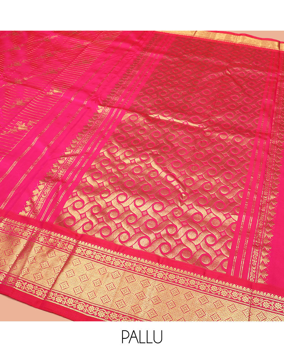 Rani Pink Kanchipuram Silk Saree Graced with Mayil Buttas and Zari Stripes All Over Its Body, Complemented by Contrast One-Sided Border of Kodi Visiry and Jaal Designs, Grandly Woven Pallu of Geometric Patterns, and Comes Without a Blouse
