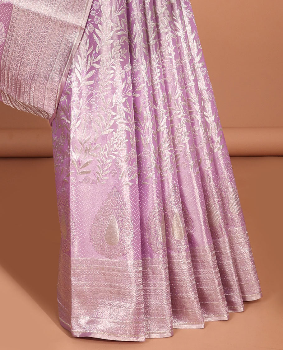 Lavender floral vine design kancheepuram tissue silk saree with self traditional zari border & intricate zari pallu
