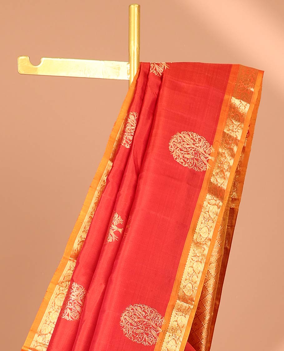 Orange tree buttas kancheepuram silk saree with contrast border of rekku, kodi visiry design & zari design pallu