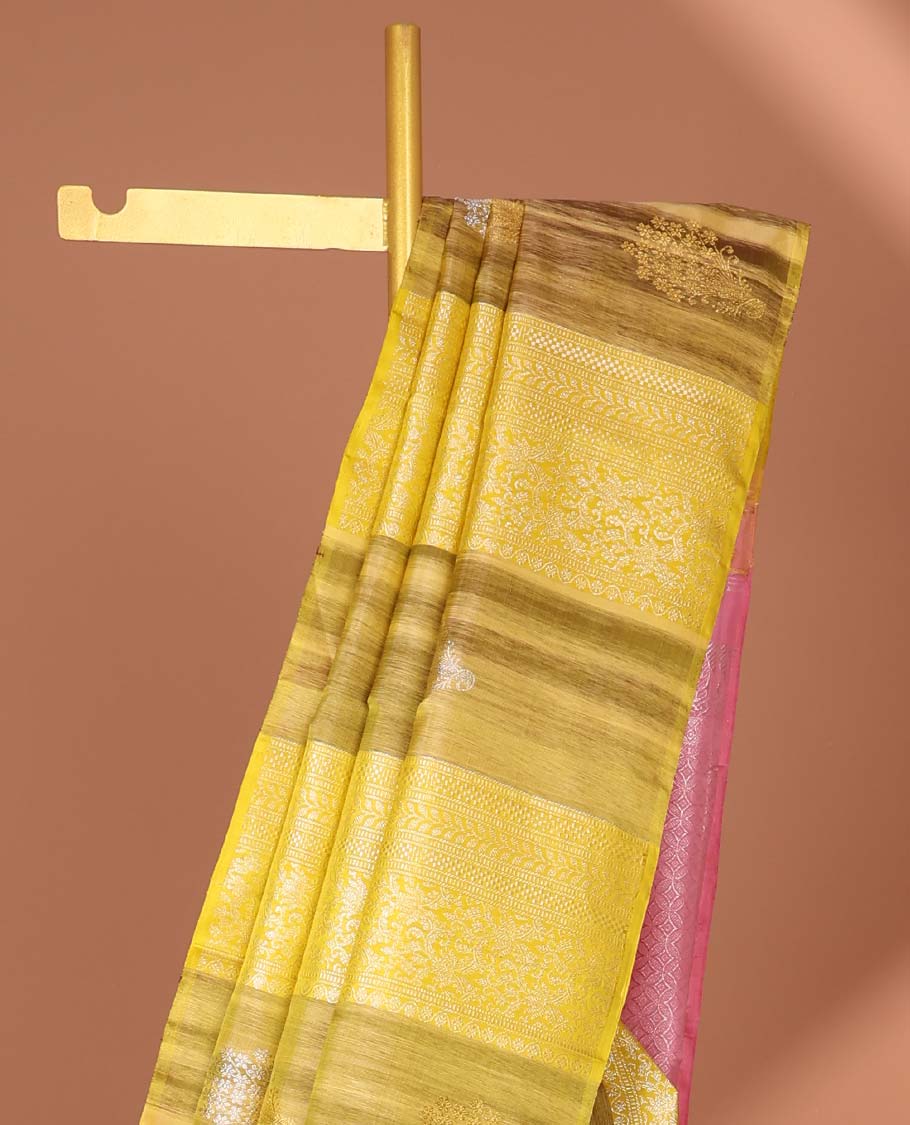 Borderless mustard buttas Kanchipuram silk saree, contrast intricate designs woven pallu