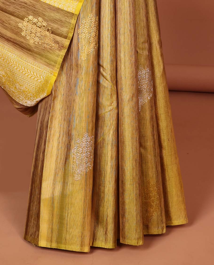 Borderless mustard buttas Kanchipuram silk saree, contrast intricate designs woven pallu