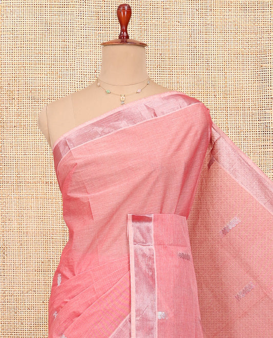 Pink Kerala Cotton Saree, Woven with Buttas All Over Its Body, a Zari Bavanji Border, Pallu of Intricate Designs, and Paired with a Matching Blouse