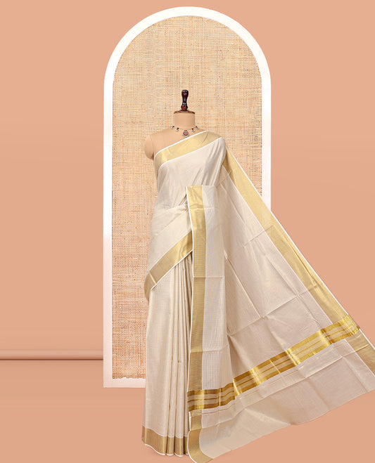 Gold Micro-Checked Kerala Cotton Saree