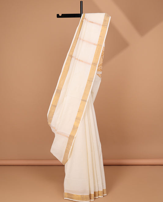 Cream kerala saree with zari stripes, zari border & pallu of zari designs