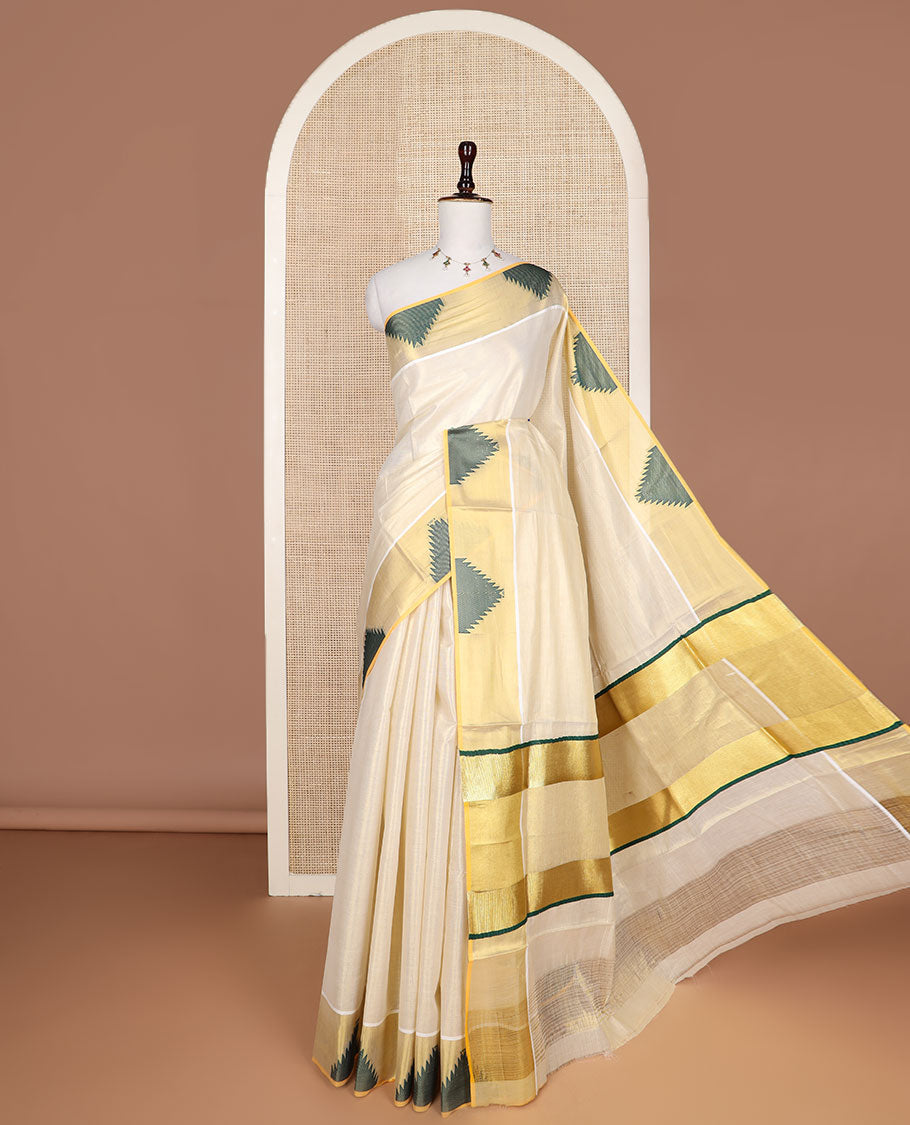 Gold plain design Kerala saree, thread temple motifs border, and zari woven pallu