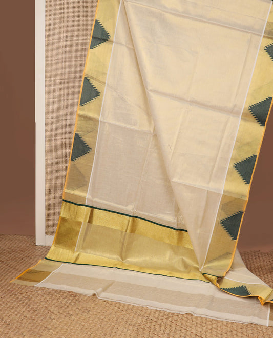 Gold plain design Kerala saree, thread temple motifs border, and zari woven pallu