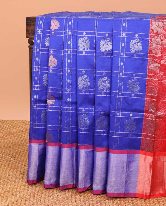 Blue checked design kupadam cotton saree with zari buttas, contrast plain border & pallu of intricate designs