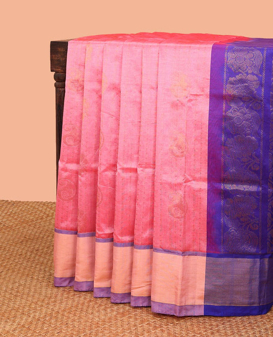 Pink kuppadam cotton saree with buttas, plain border & contrast pallu of paisleys